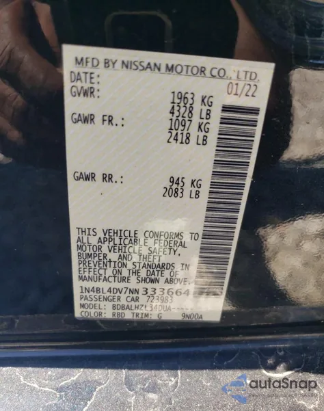 2022 Nissan Altima Sv from USA, damaged, VIN 1N4BL4DV7NN333664